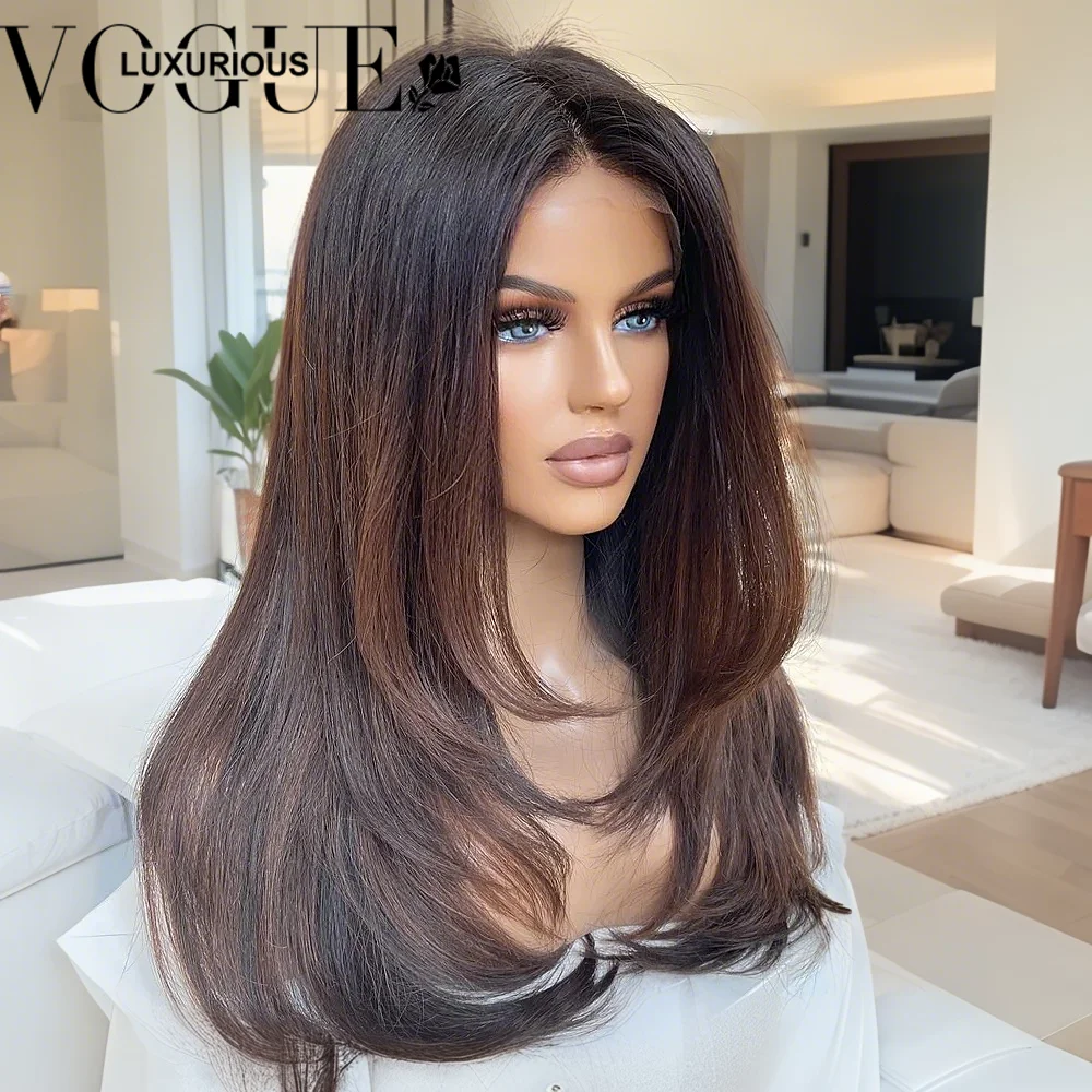 غلويليس الطبقات قطع البندق البني مستقيم شعر بشري لعذراء الباروكات مع شعري طبيعي سهل الارتداء قبل قطع الدانتيل شعر مستعار أمامي #1