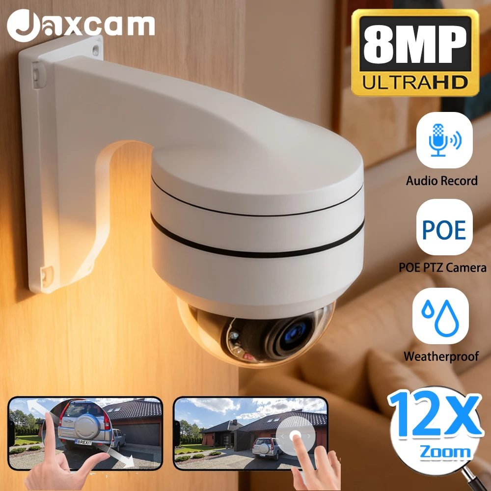8MP 4K 12X Zoom POE IP PTZ Camera Motor Dome Built-in Microphone Audio Outdoor Security Camera IR 100m Security Protectio