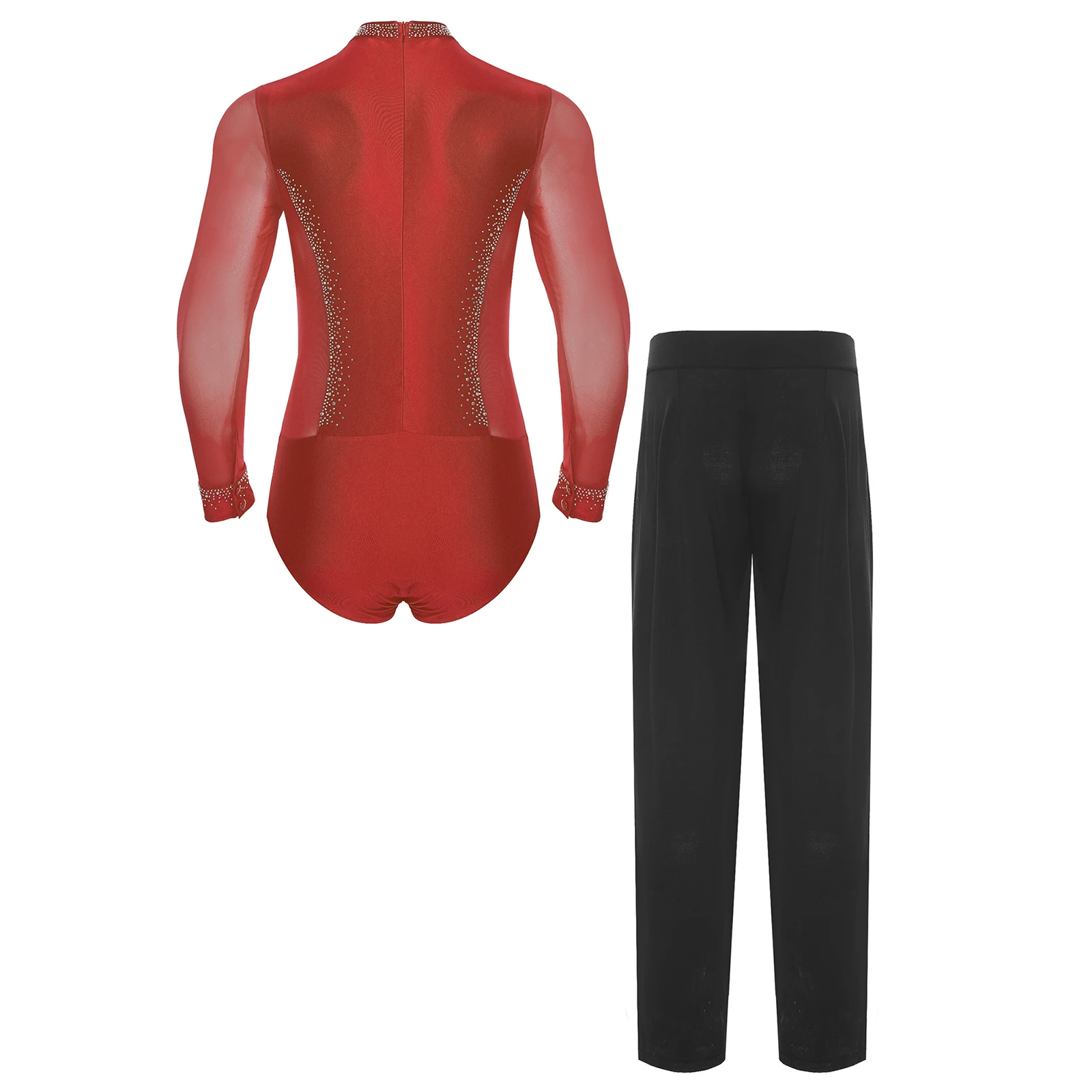 Abiti da ballo latino da uomo Collo a lupetto Manica lunga Strass lucidi Body in rete Body e pantaloni Pattinaggio di figura Chacha Dancewear