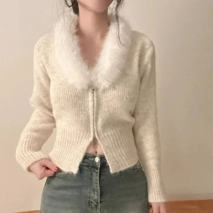 

Women's Chic Long Sleeve Hooded Sweater Jacket Double Zipper Slimming Korean Style Autumn Winter Versatile Fashionable Top