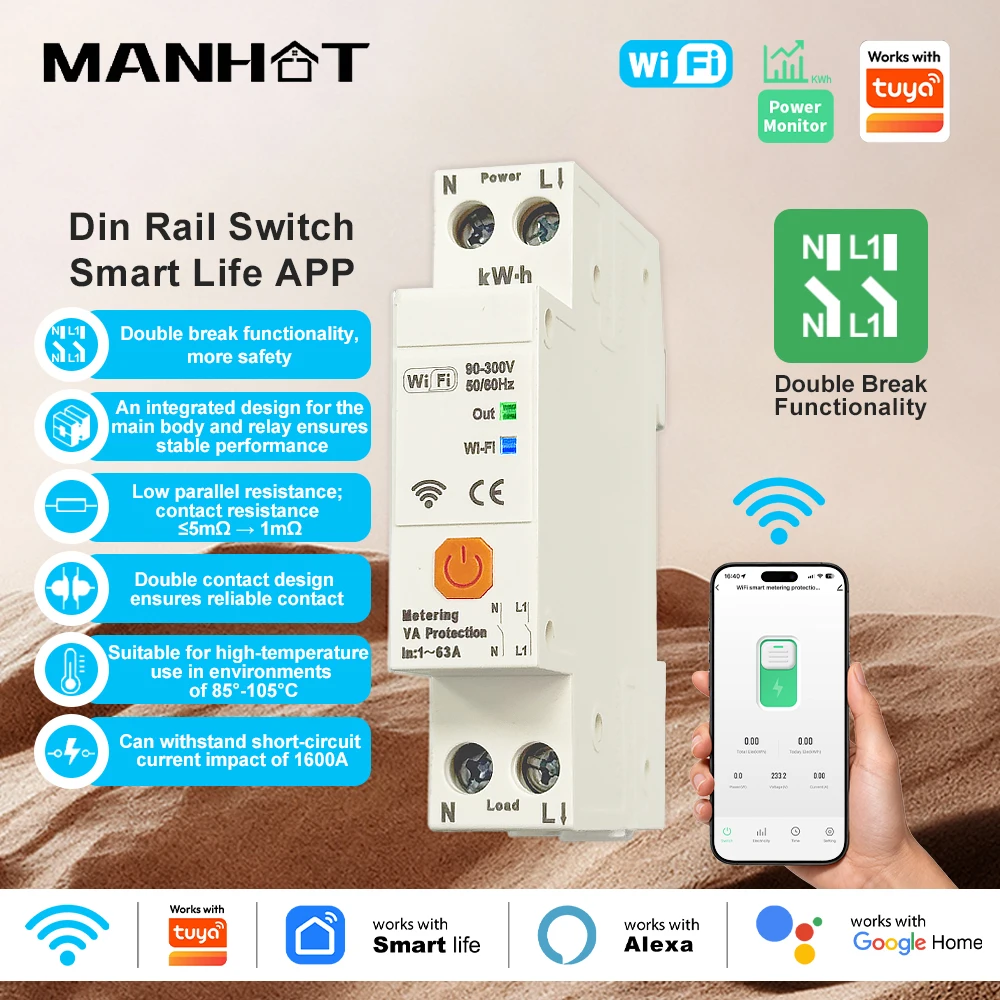 MANHOT 63A WIFI Smart  N+L Double Breaker Metering Smart Circuit Breaker With Voltage And Current Protect Work With Tuya Alexa