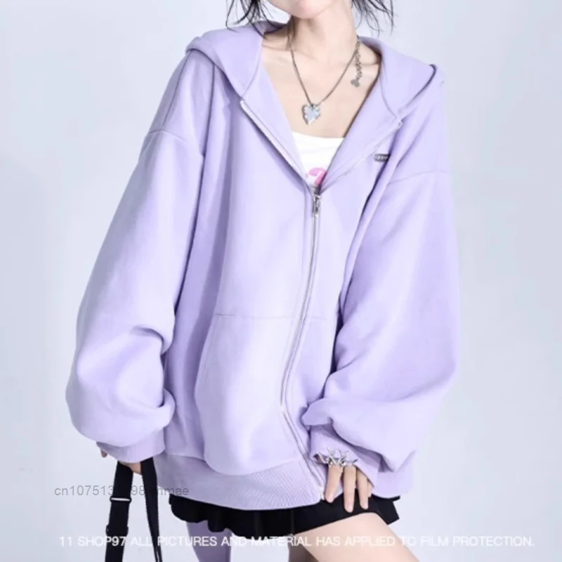 Trendy Purple Rabbit Girl Ear Hooded Sweater with Long Ears for Women Oversize Hoodie Loose Zipper Cardigan Coat Clothes