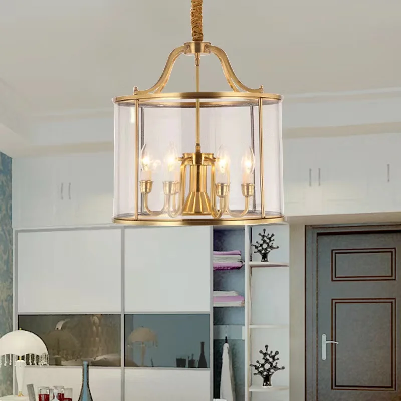 

American Retro Cylindrical Solder Glass Chandelier Copper Hanging Lamp Hotel Restaurant Living Room Bedroom Candle Pendant Light