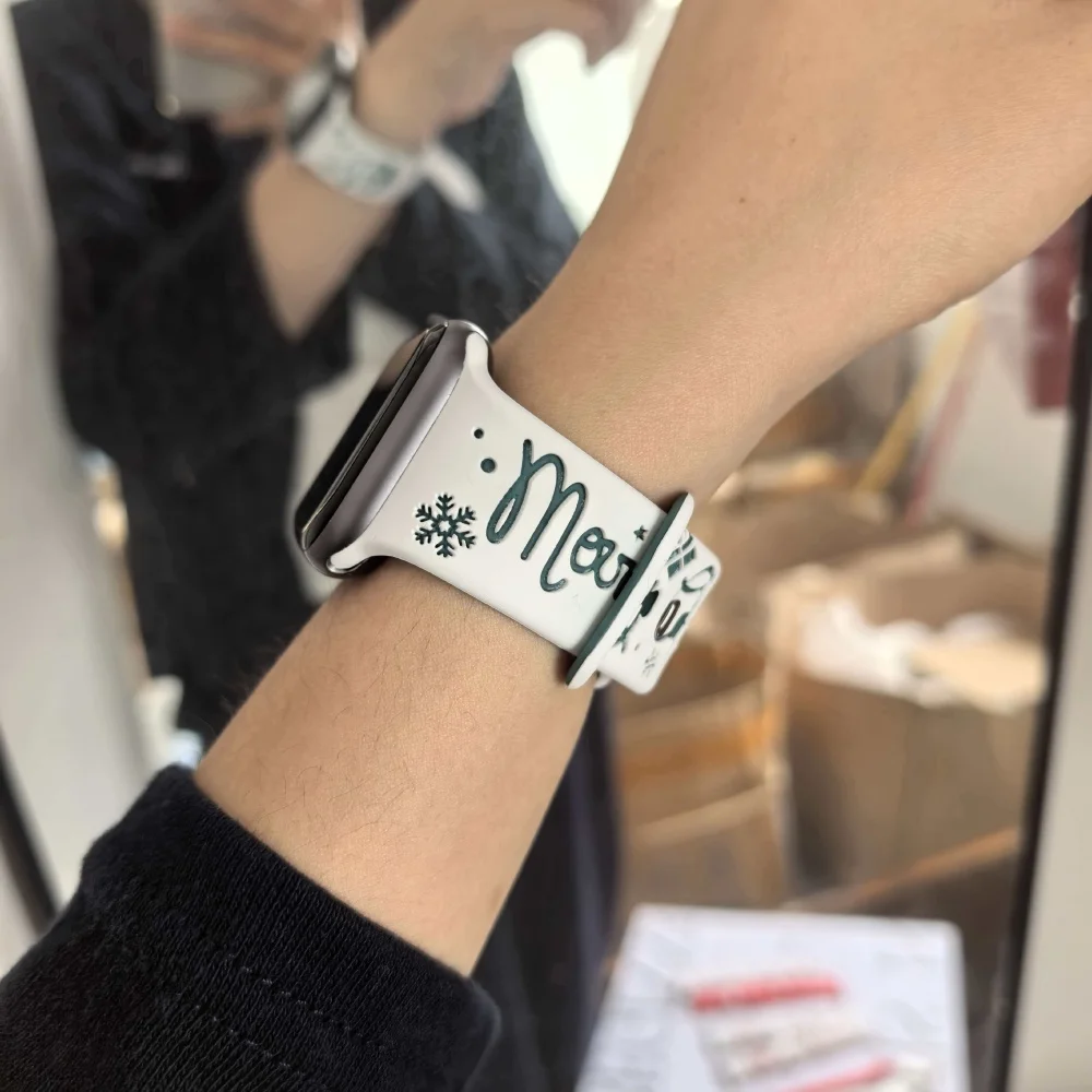 Snowflake Print Two Tone Silicone Band For Apple Watch Series 11 10 9 8 7 6 5 SE Ultra Fits 49-38mm Figure Eight Buckle Women