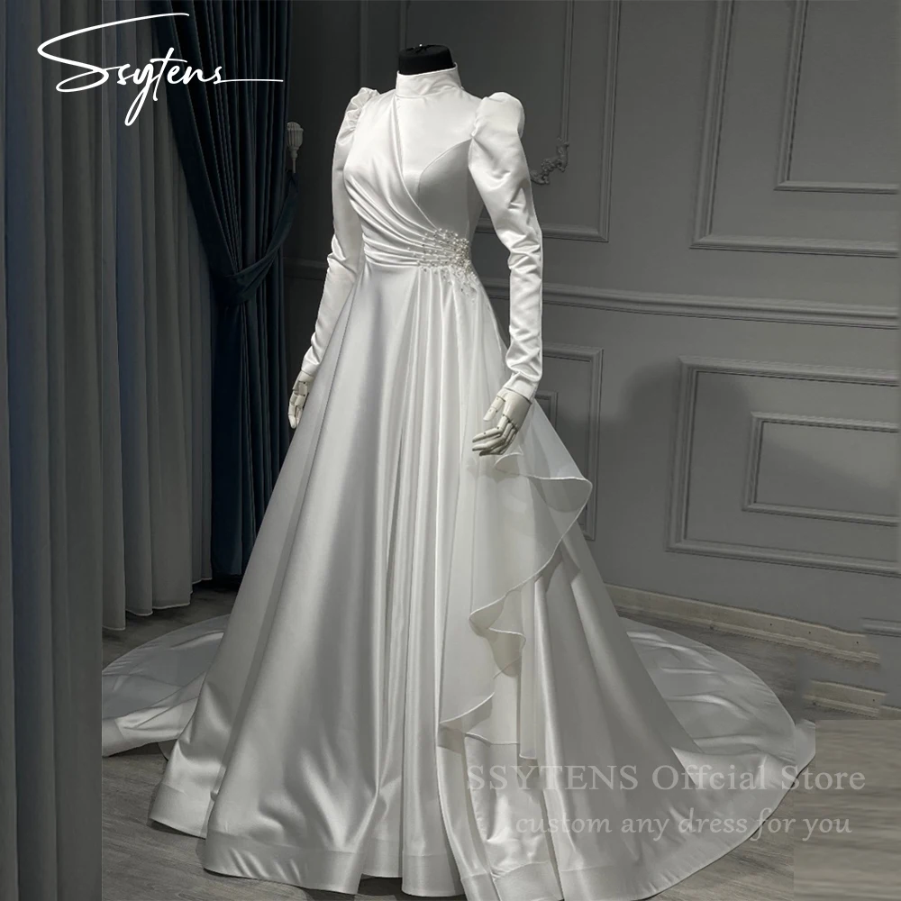 

SSYTENS Arabic Modest Wedding Dresses High Neck Elegant Muslim Bridal Gowns Long Sleeves Customized Plus Size Civil Bride Dress