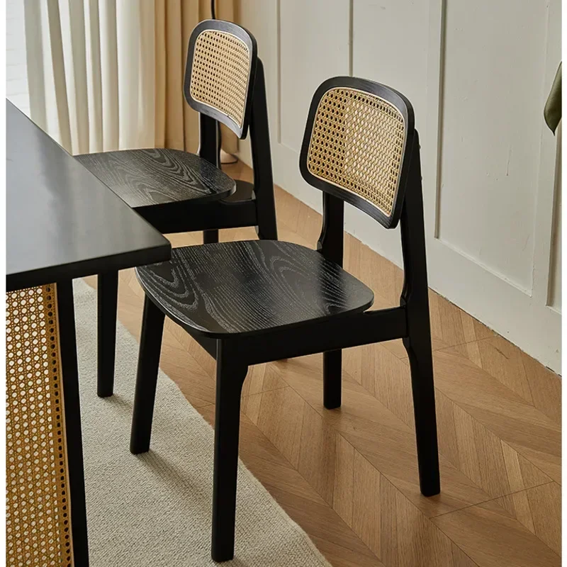 

Retro Black Kitchen Chair Solid Wood Rattan Desks Chairs Restaurant Backrest Dining Chairs Multi-scene Suitable Nordic Furniture