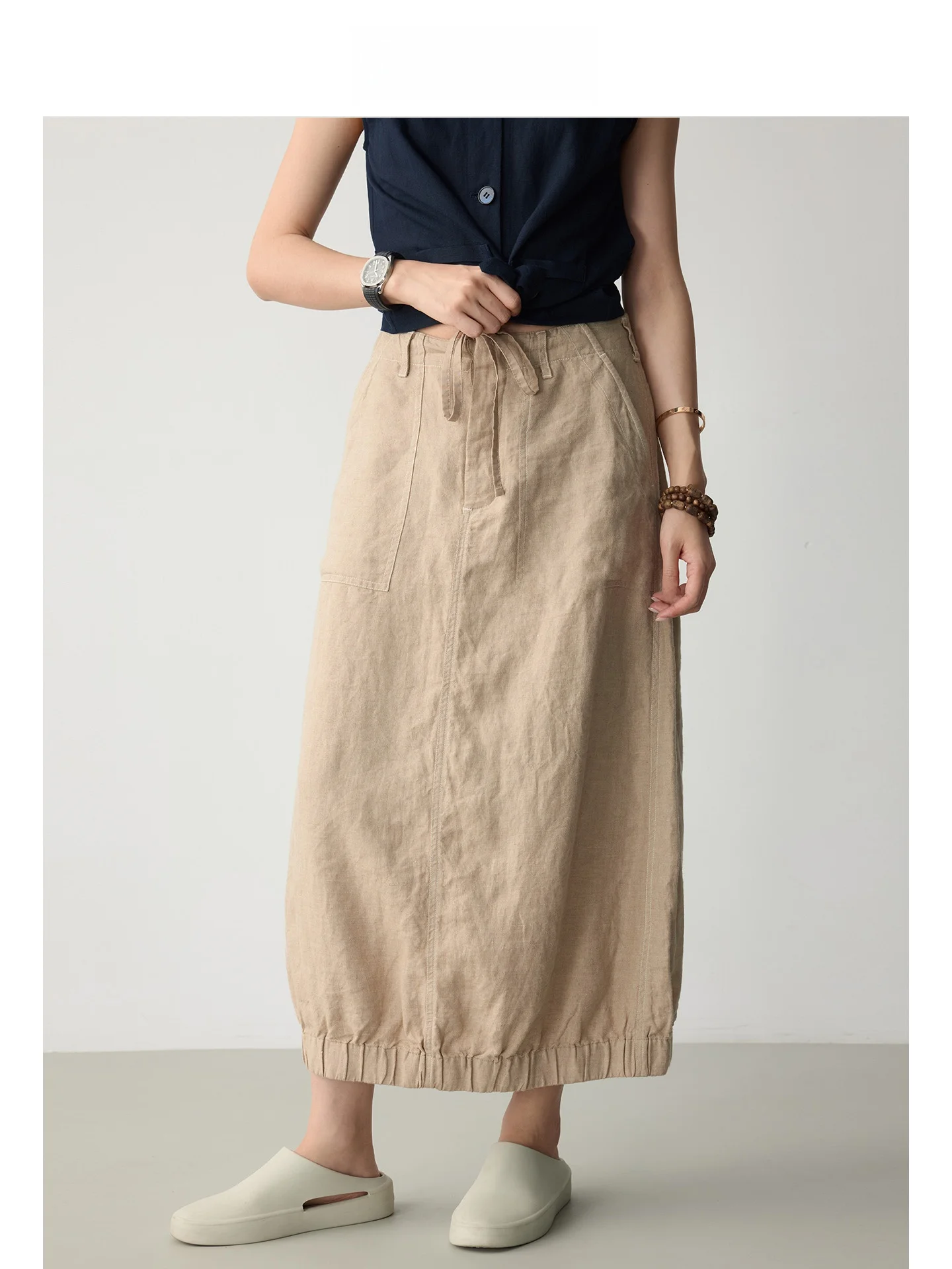 

Comfortable Breathable Full Linen Pleated Work Skirt Japanese Sle f-length Skirt Casual Linen Fabric Straight Cut Skirt