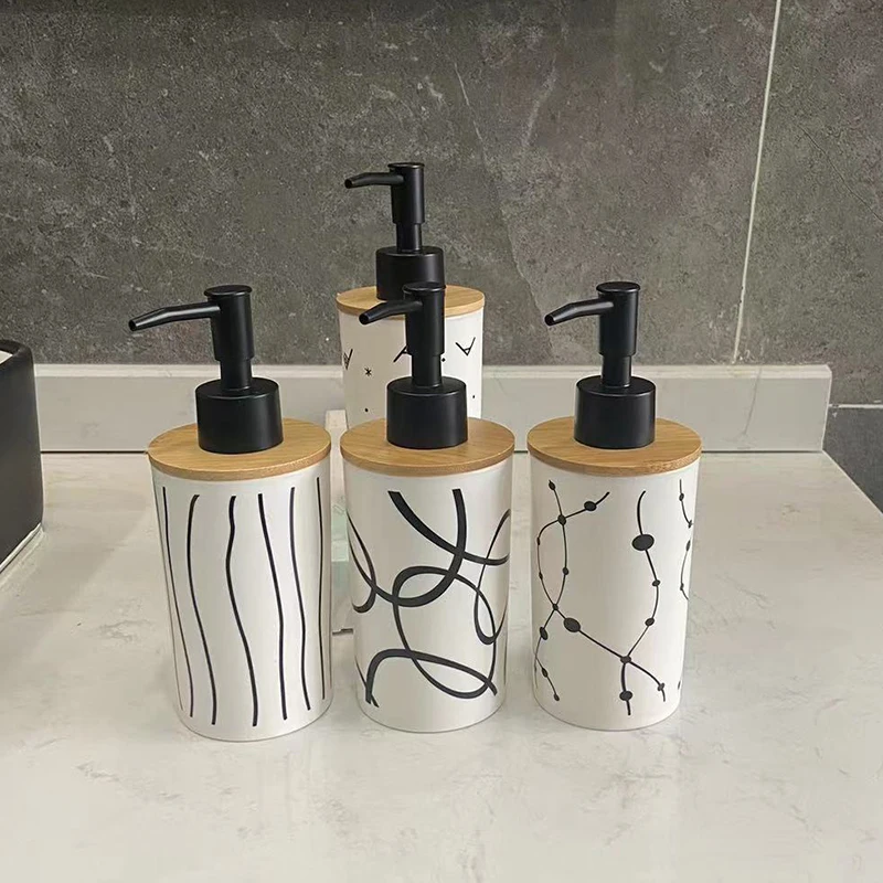 Plastic Liquid Soap Dispensers with Bamboo Cover, Hand Wash Bottle, Shower Gel Shampoo Bottles, Bathroom Accessories, 320ml