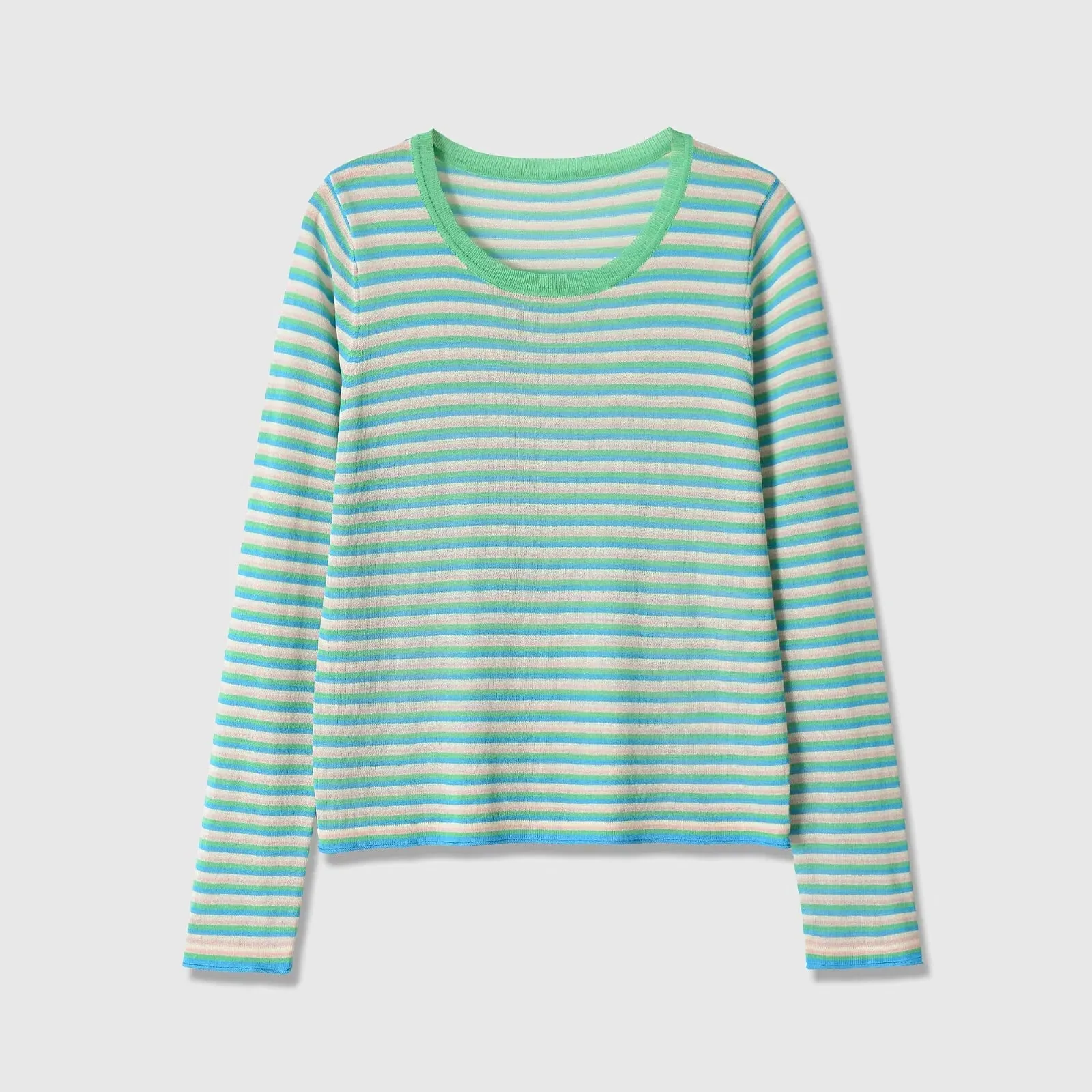 European and American style 2026 new summer women's style simple long-sleeved round neck fine needle striped sweater