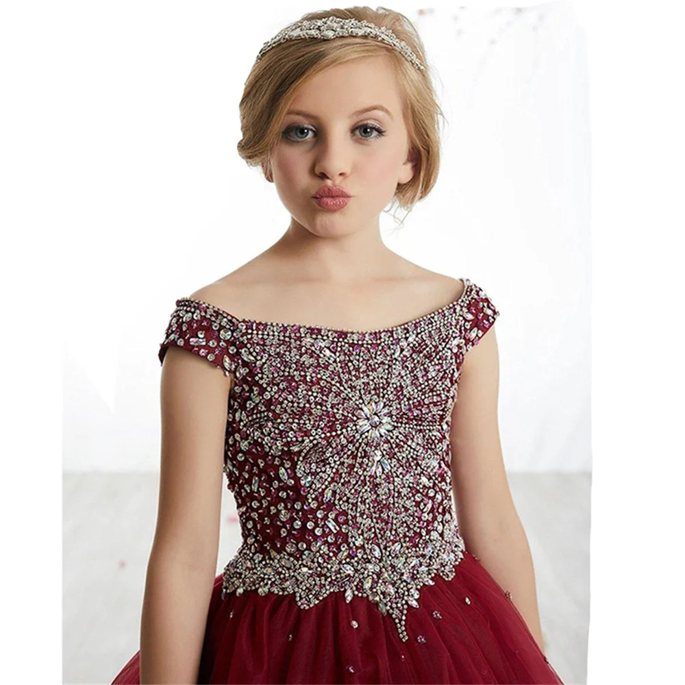 Burgundy First Communion Dress Sleeveless Sequin Glitter Angel Delicate Princess Dress Flower Girl Bridesmaid Wedding Dream Gift