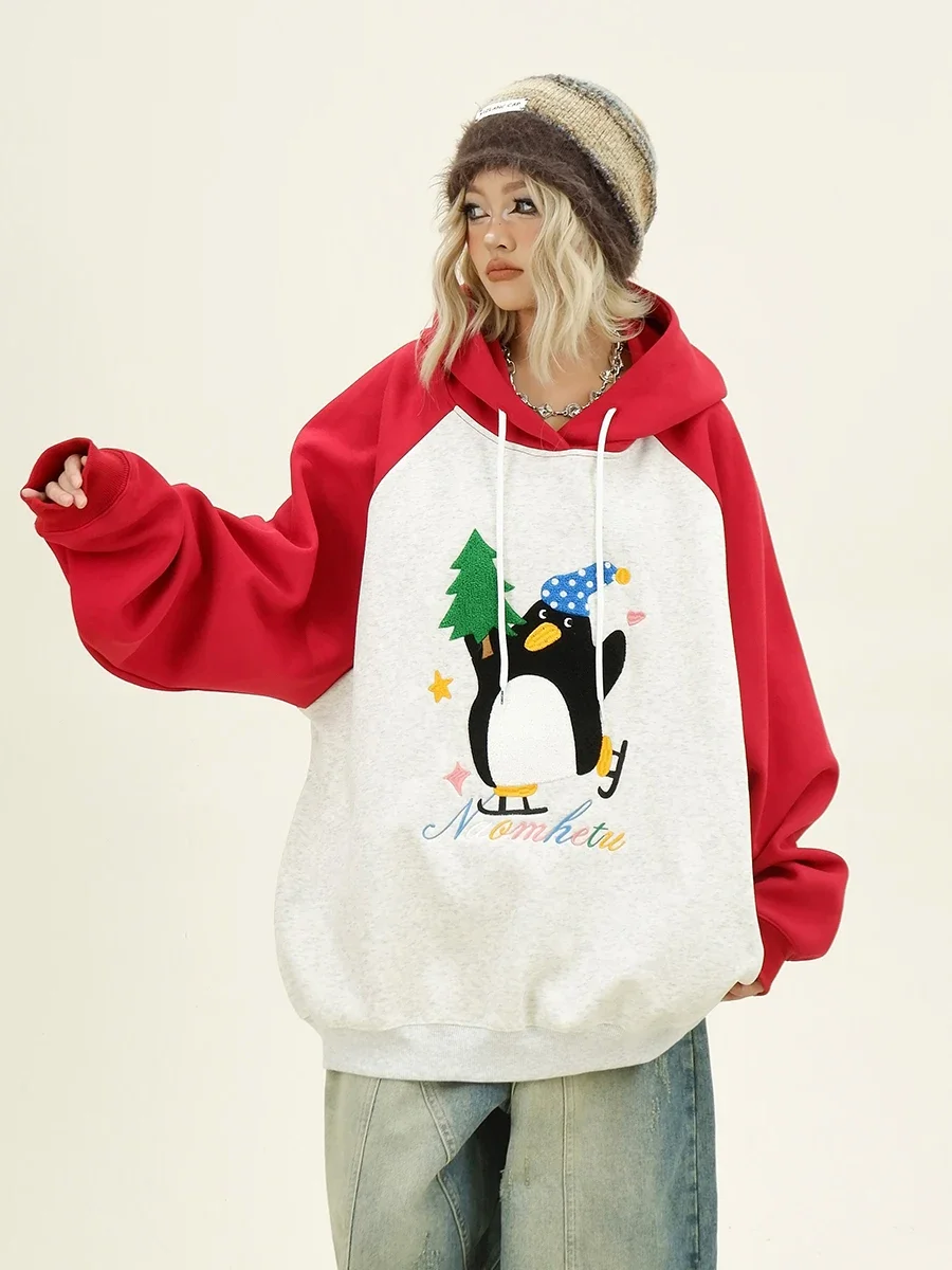 Cartoon Penguin Contrasting Color Hoodies Women's 2024 Autumn New Loose Bf American Retro Top Trend