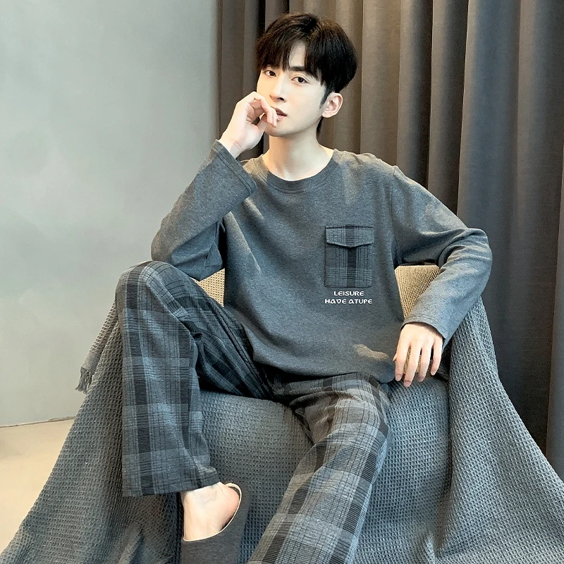 New Men's Pajamas Cotton Long Sleeved Pants Set Simple and Loose Fitting Casual Youth Home Wear in Spring and Autumn and Winter