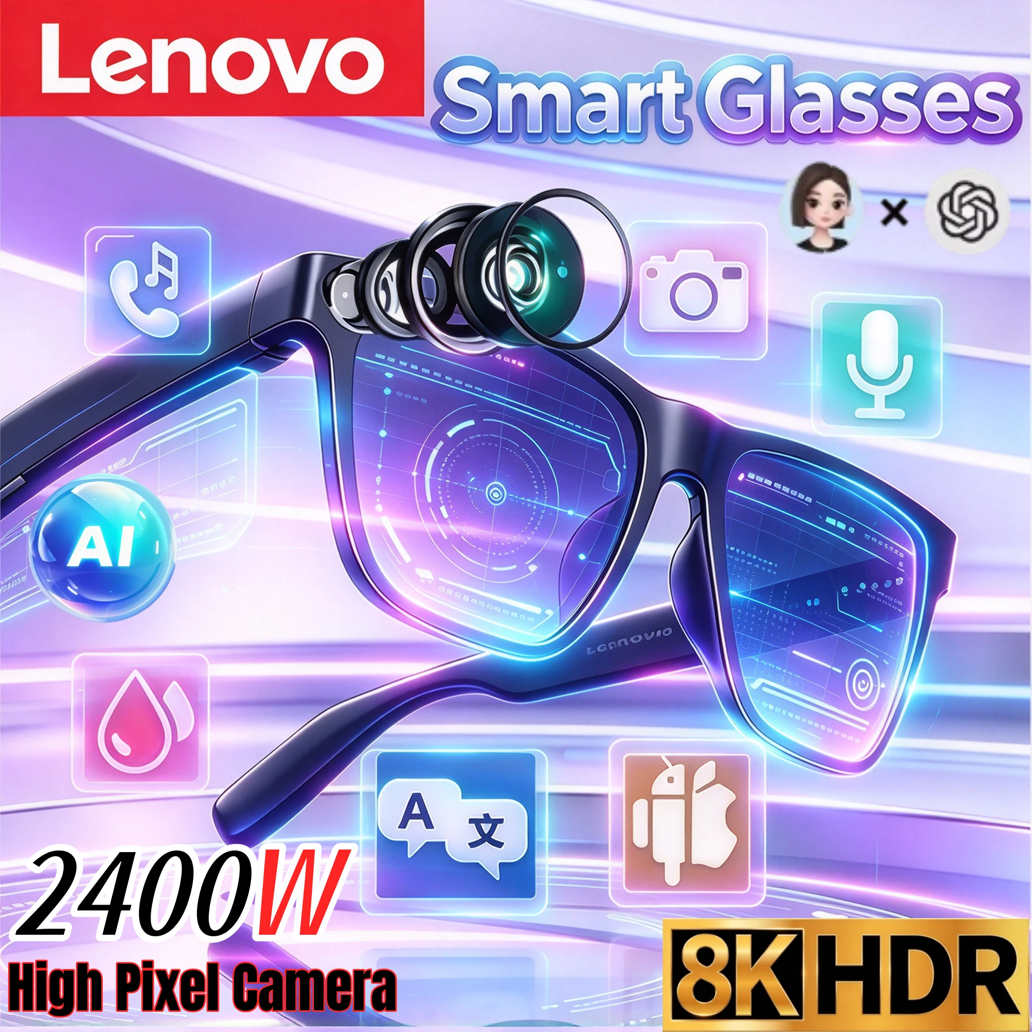 Lenovo Smart Glasses Remote Control Touch Photo 8K 2400W Camera Translator Voice Assistant Music Wireless Bluetooth Sunglasses