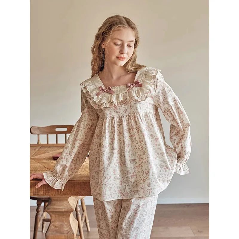 Female Floral Lace Square Neck Pajama Set 2023 Vintage Style Long-Sleeved Pullover Pyjama Autumn New Casual Women Home Sleepwear