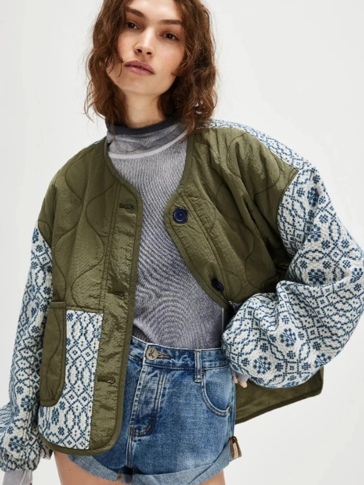 أزياء المرأة س الرقبة المرقعة القطن معاطف أنيقة مطبوعة واحدة الصدر جيب معطف فضفاض سيدة الخريف الشتاء معطف غير رسمي #2