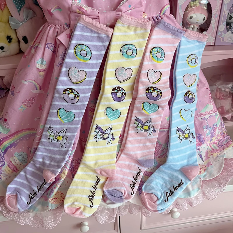 Original Dream Donut Sweet Cute Over-the-Knee Socks Lolita Bu Sweet Side Wearing Cotton Socks Cartoon Printed Sockings Women