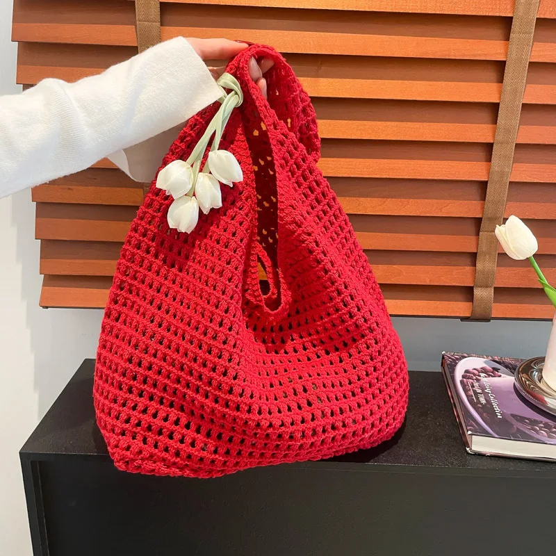 

Модная милая вязаная крючком сумка на плечо с подвеской в виде тюльпана, пляжная полая сумка для отдыха, женские повседневные тканые сумки для отдыха