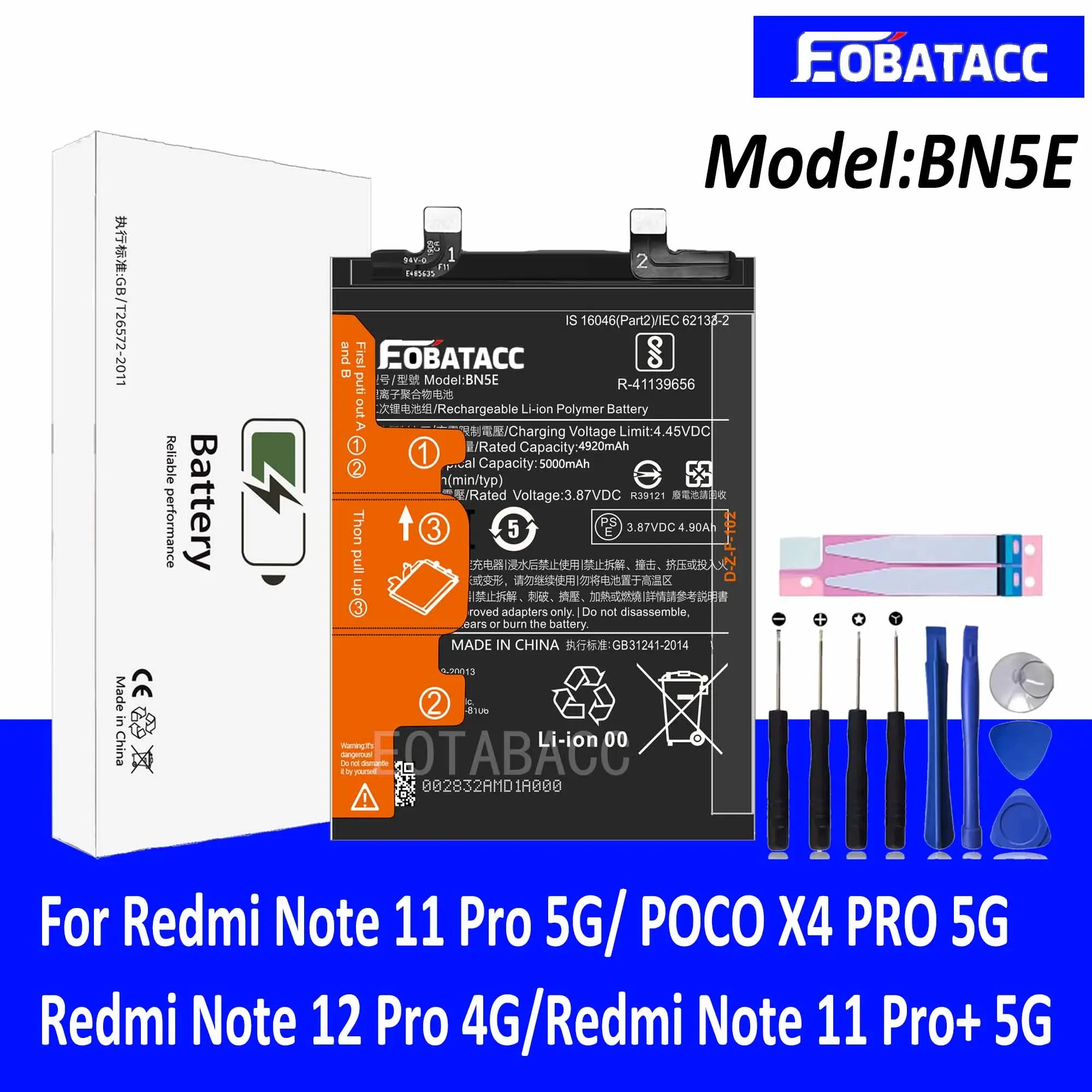 

EOTABACC 100% New Original Battery BN5E For XIAOMI Note 11 Pro 5G/ POCO X4 PRO 5G /Redmi Note 12 Pro 4G Battery +Tools