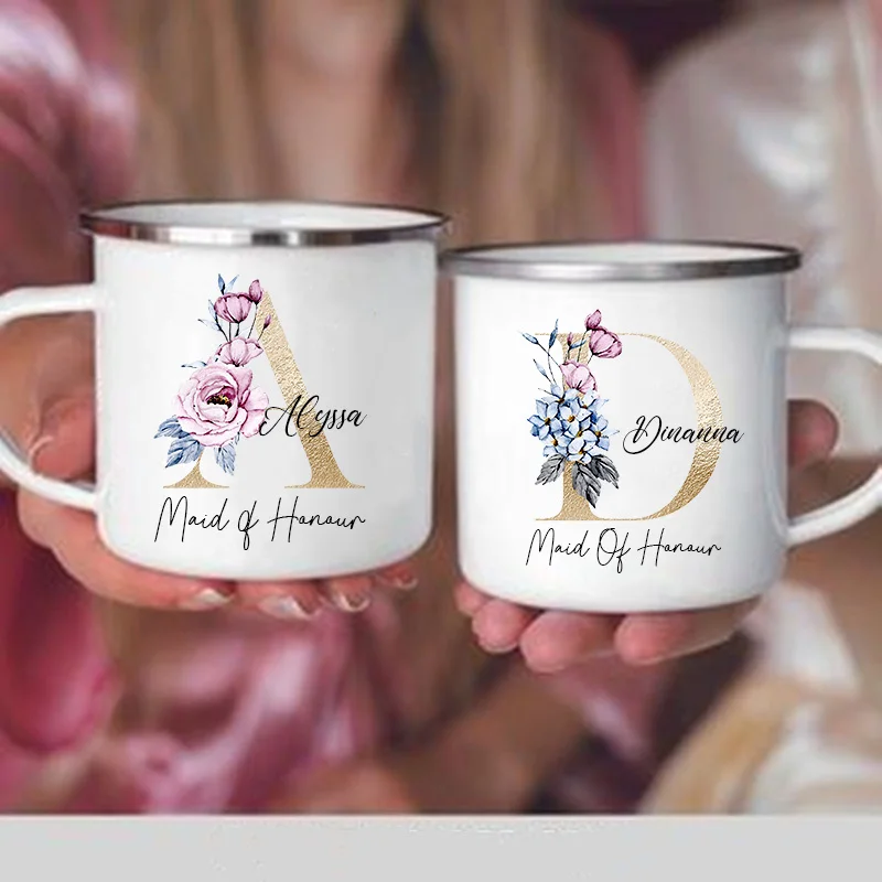 Personalized Beautiful Bridal Party Mug Floral Gold Bridesmaid Cups Custom Initial with Name Coffe Mugs Maid of Honour Gifts