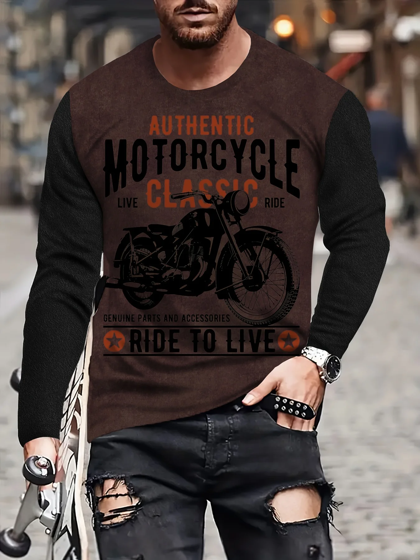 Men's Classic Retro Motorcycle Cool Digital Printed T-shirt Casual Sports Comfortable Soft Breathable Long Sleeve T-shirt Top
