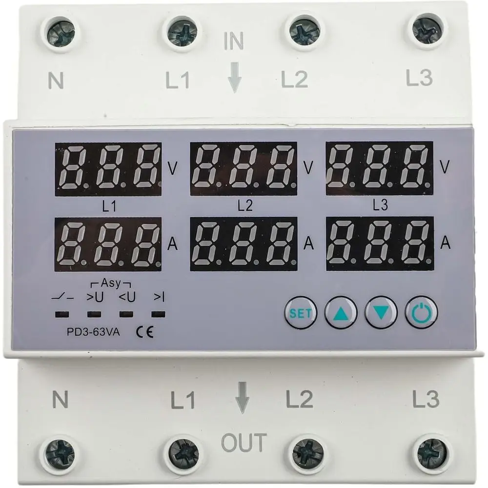 

Трехфазный цифровой реле-ограничитель (защита от перенапряжения и пониженного напряжения), регулируемая защита от перегрузки, 63А, для монтажа на DIN-рейку или в электрический шкаф/панель.