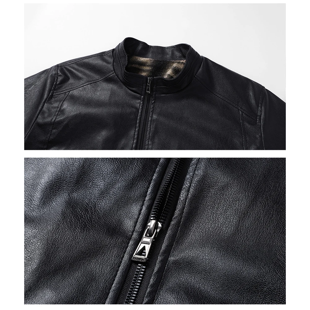 Men's Windproof Motorcycle Leather Jacket with Thin Velvet Lining and Zipper Front Suitable for Casual and Outdoor Use