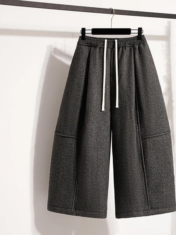 ارتفاع الخصر Dstring Fce اصطف السراويل واسعة الساق المرأة عارضة فضفاض التخسيس الخريف الشتاء السراويل للسيدات