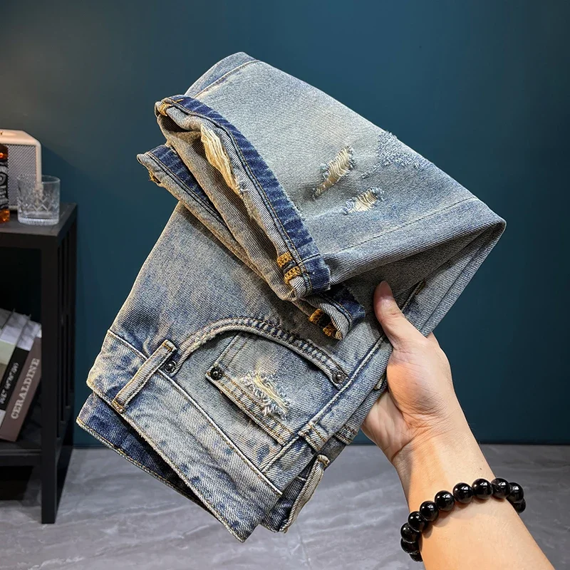 الكورية موضة ممزق رجالي الدنيم السراويل خمر الشارع الشهير الصيف عادية مستقيم السراويل الرجال ماركة الملابس الهيب هوب جينس قصير