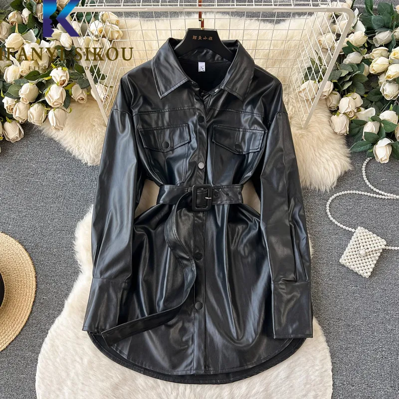 

Casual Leather Jacket Women Autumn Winter Mid Long Coat Belt Single Breasted Fashion Lapel Loose PU Leather Jacket Female