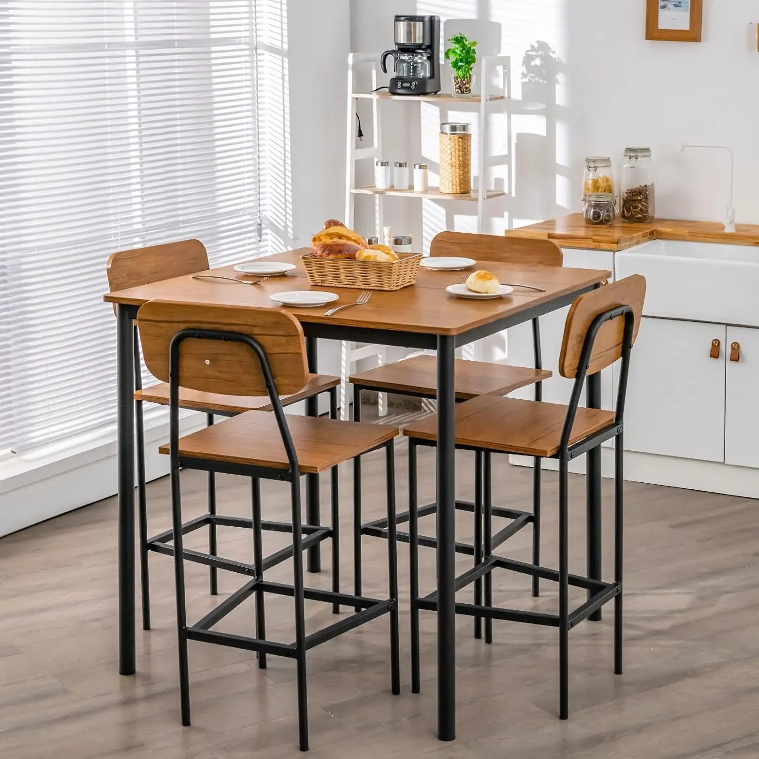 5-Piece Dining Table Set W/Counter Height Table & 4 Bar Stools, Industrial Kitchen Dining Table Set W/Footrest & Backres