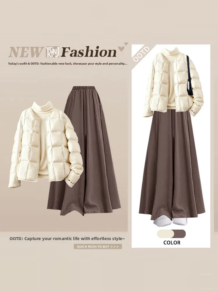 

Korean Sle Winter Thiened Warm round Ne ort Coat Base irt Casual Skirt Pants Tee Piece Set Anti Aging Women's Fas...