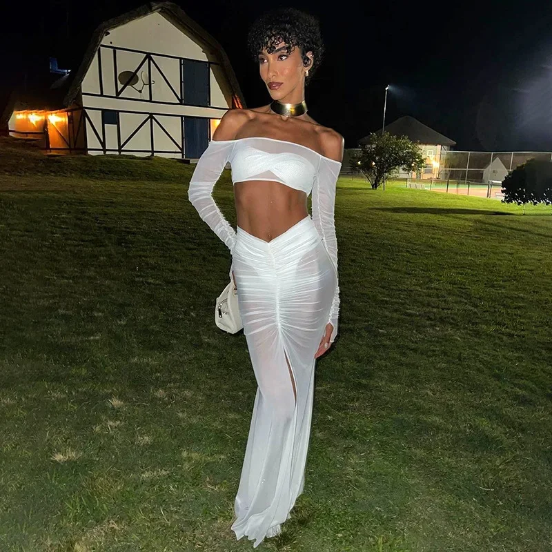 White Mesh Skirt Set Women Strapless Crop Top and Maxi Skirt Outfits Summer Sexy See Through Club Party Holiday 2 Piece Set 2024