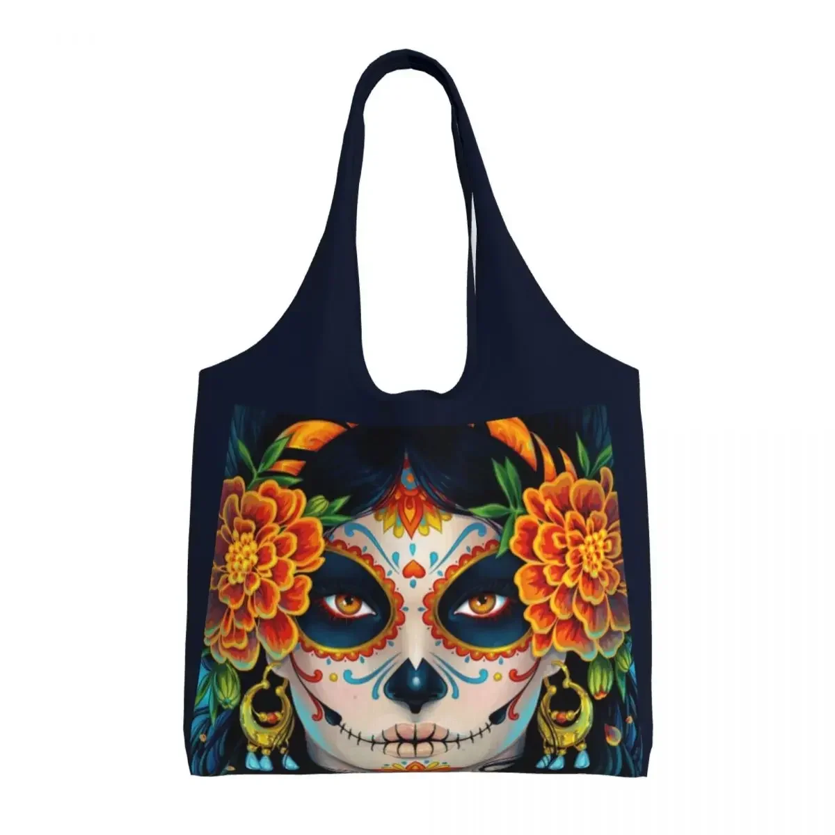 

Sugar Skull Girl Groceries Shopping Tote Bags Mexican Calavera Catrina Canvas Shopper Shoulder Bags Large Capacity Handbags