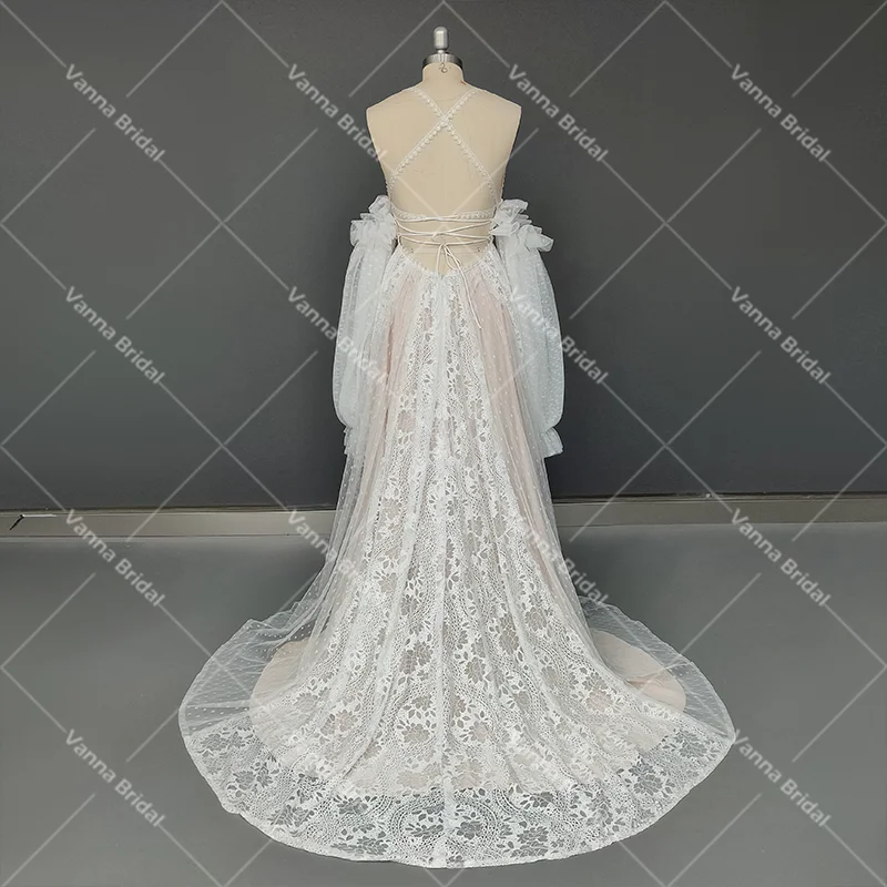 Boho cintas de espaguete vestido de casamento de elopement sem costas espartilho polka pontilhada rendas mangas compridas destacável sem costas vestido de noiva