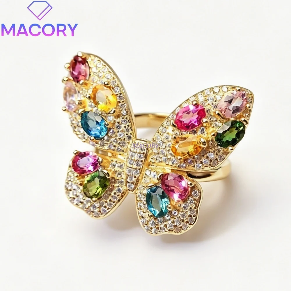 S925 sterling silver natural tourmaline butterfly ring heavy-duty design expertly crafted Party Banquet Choices Outfit Accents