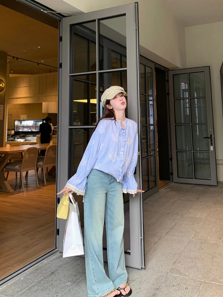 

YANUOYU Island Bubble Wide Leg Denim Jeans Women Loose Drapey Slimming Retro Straight Leg Cotton Commute Sle High Waist
