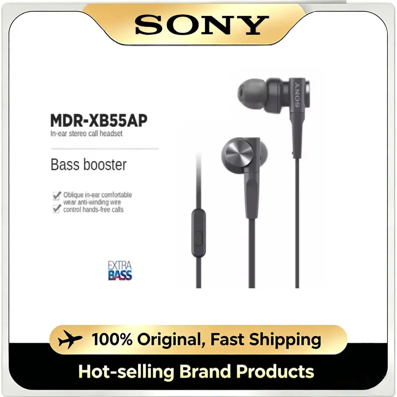 Fones de ouvido intra-auriculares com fio SONY MDR-XB55AP, com graves extra, som estéreo HiFi, com microfone e controle integrado para esportes.