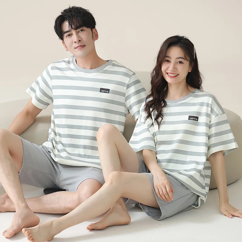 Summer Hot Couple Lovers Pijamas Set Cotton Cartoon Print Homewear Men\'s Pajama Tops with Shorts Casual Pyjama Pjs