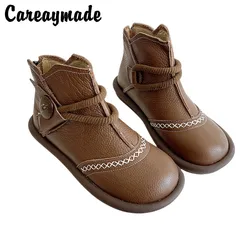 Careaymdae-stivali da donna in vera pelle, stivali Casual da donna stivali corti giapponesi letterari con punta tonda impermeabili scarpe da donna