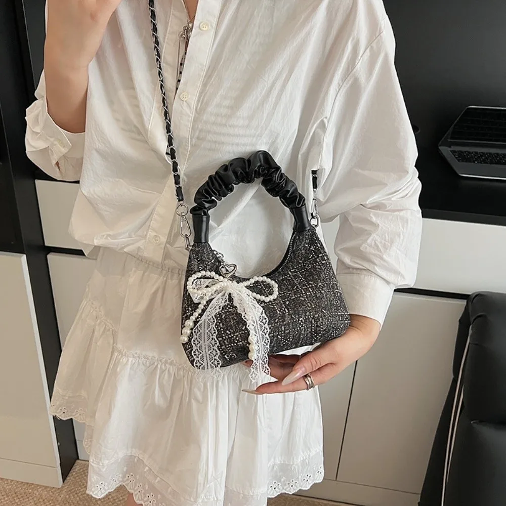 

Korean Style Sequin Pleated Handbag Exquisite Bowknot Pendant Chain Crossbody Bag Large Capacity Solid Color Bow Shoulder Bag