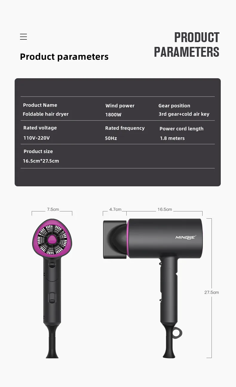 EU/UK/US New Product Hair Dryer Eu/Us Plug-In Foldable High-Speed Strong Negative Ion Household Hair Salon Portable Hair Dryer