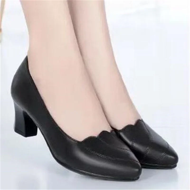 Spring Autumn High Heels for Women British Ladies Shoes Slip-On Pumps Fashion Block Heel Loafers Breathable 2024