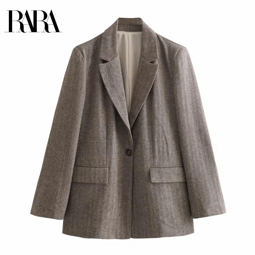 

2024 RARA New Women's Flap Pocket Decorated Single Button Herringbone Twill Straight Fit Loose Blazer