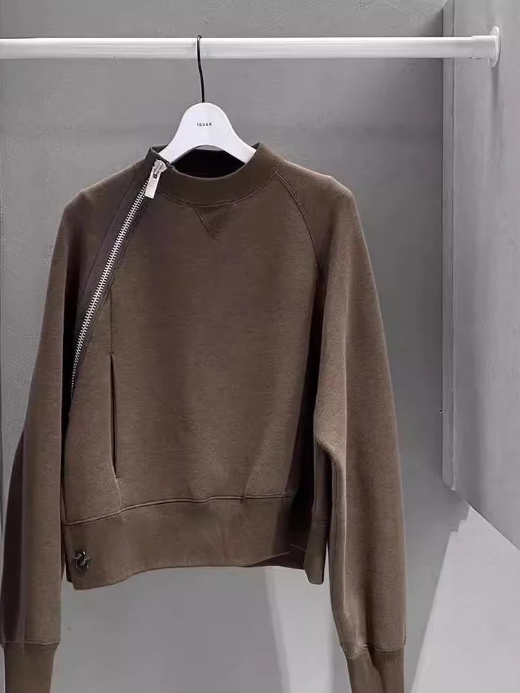 High Quality Autumn 2026 Early Season Design Sensation Cold Toned High End Feel Diagonal Zipper Coffee Color Sweatshirt