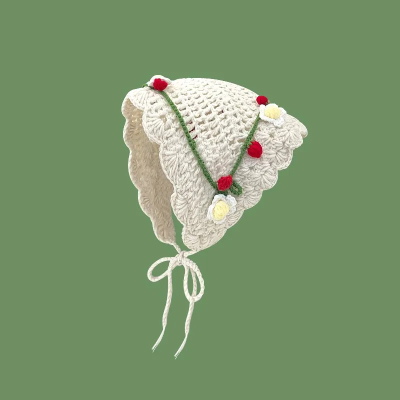 Französischer pastoraler Stil, gestricktes, florales Dreieck-Kopftuch für Mädchen, personalisiertes Kopftuch für Fotoshootings mit Bindeband, 3D-Blumen-Haarband – Detail 14
