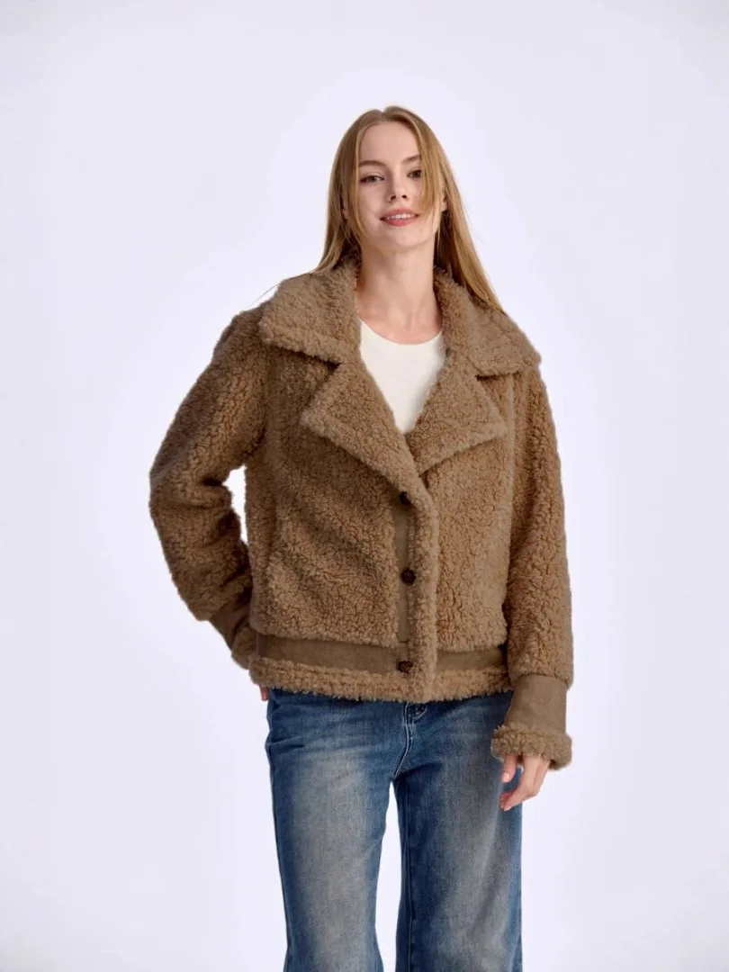 Women's Khaki Faux Shearling Jacket Notch Collar Button Front Ribbed Hem Cuff Long Sleeve Vegan Fur Coat Casual Date Winter