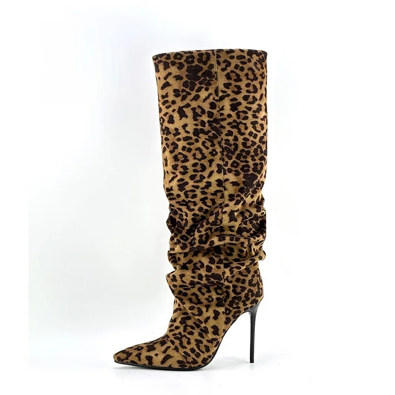 Spring and autumn new stiletto heels, side zipper pleated high-top leopard print women's boots, fashionable women's boots