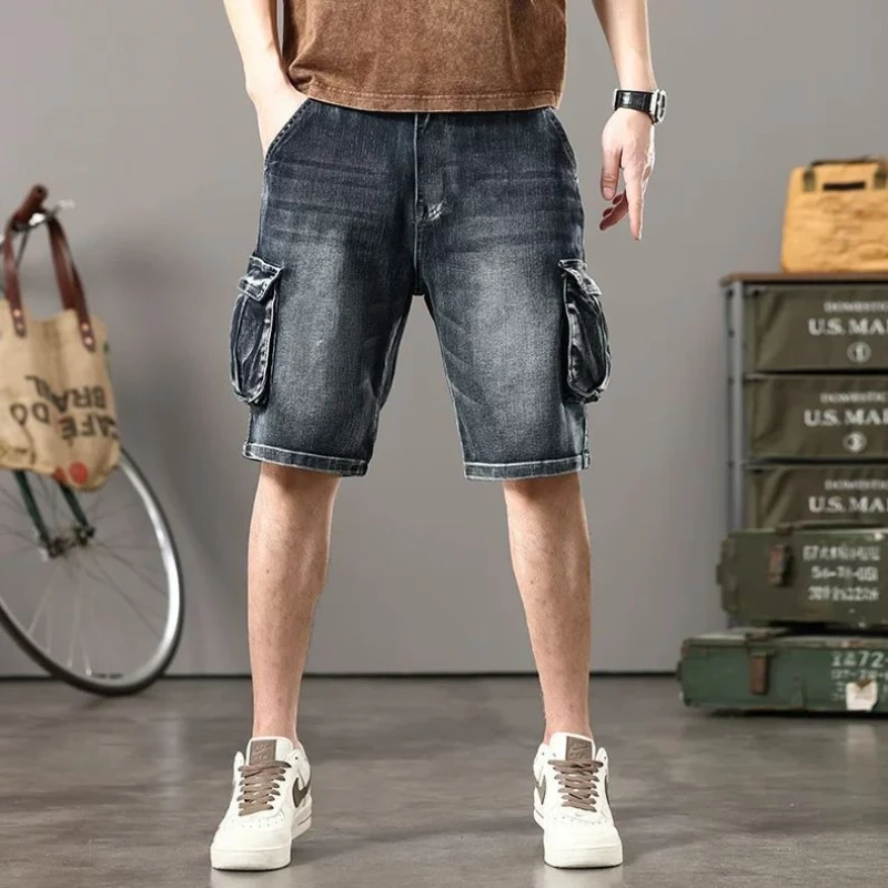 

Men's Plus Size American Retro Denim Cargo Shorts Summer Multi Pocket Loose Fit Casual Half Length Pants