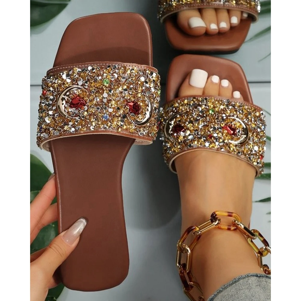 

Fashion Women Rhinestone Decor Flat Slippers Square Toe Casual Outdoor Slippers Autumn Summer Going Out Beach Shoes