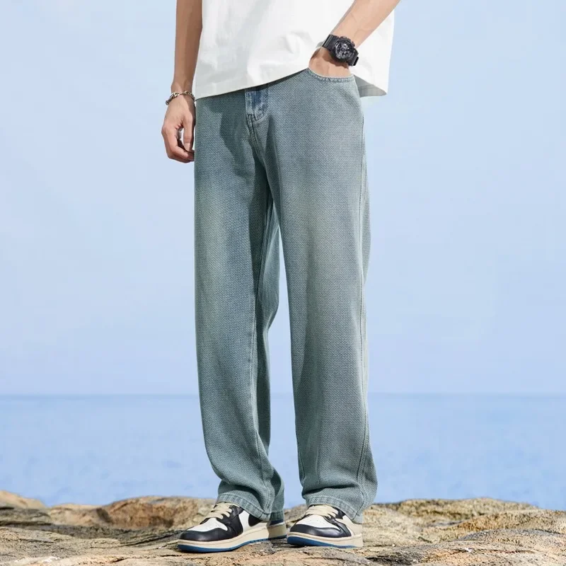 

Pop Men Jeans Loose-Fit Straight-Leg Pants Spring New American Style High Street Bell Bottoms Versatile Long Pants Jeans Black J